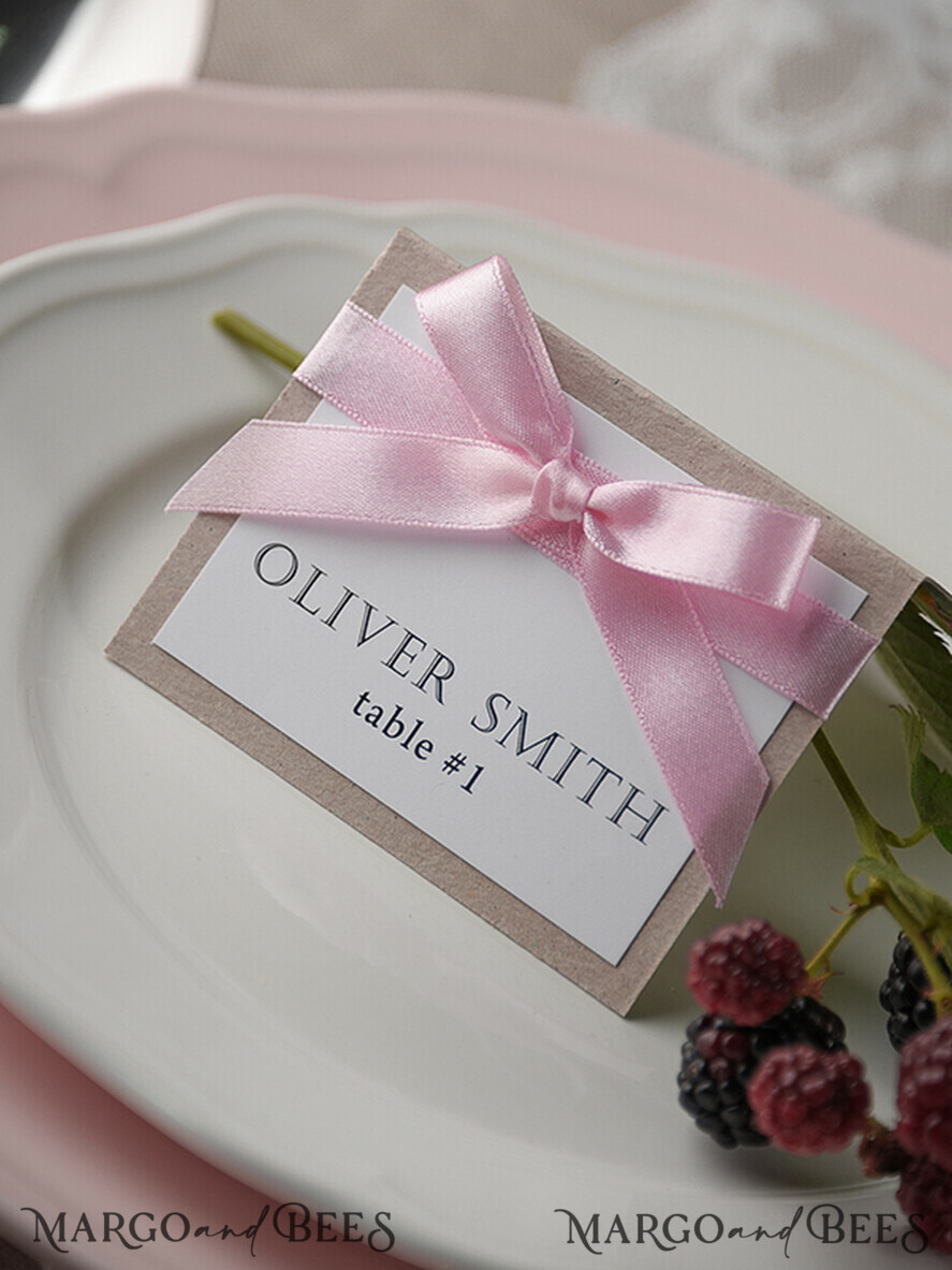 PLACE CARDS / TABLE CARDS rustic and lace Romantic White Minimalist Wedding Table Place Cards with Pink Ribbon, Modern Elegant Eco Place Card, Rustic Pink Table Cards, Gorgeous Wedding Name Tags