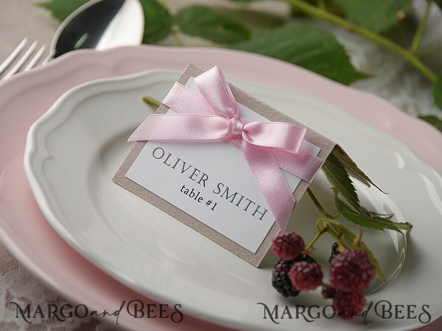 PLACE CARDS / TABLE CARDS rustic and lace Romantic White Minimalist Wedding Table Place Cards with Pink Ribbon, Modern Elegant Eco Place Card, Rustic Pink Table Cards, Gorgeous Wedding Name Tags