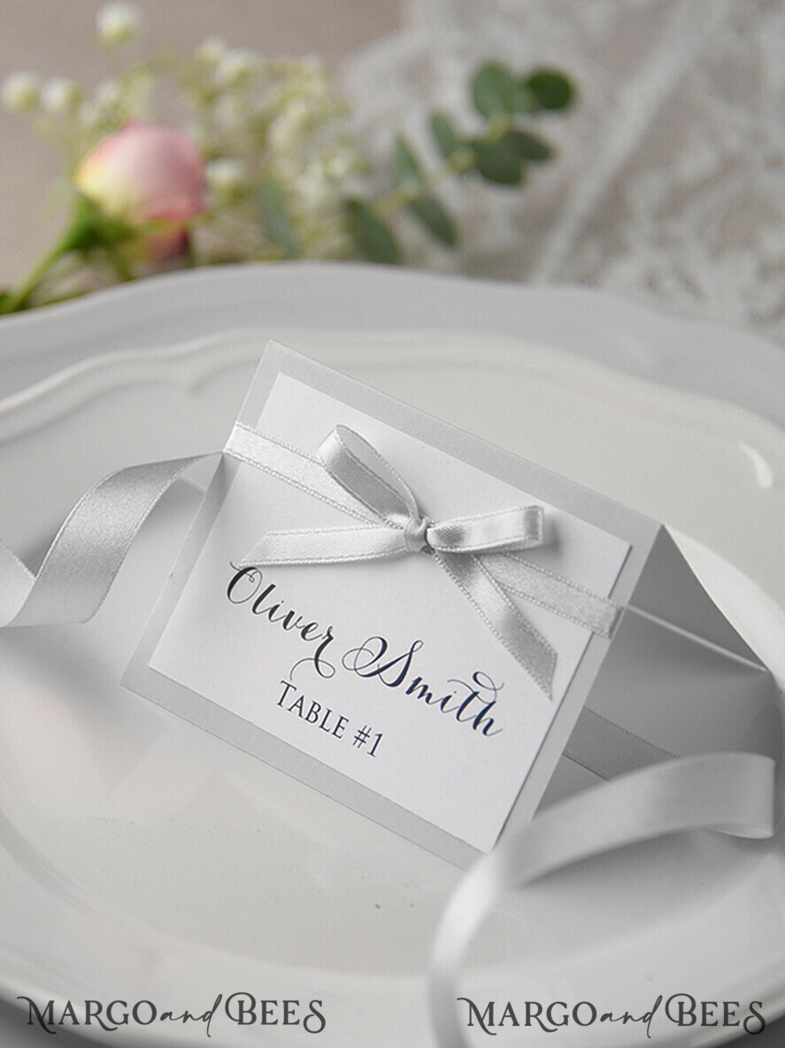 PLACE CARDS / TABLE CARDS rustic and lace Romantic White Minimalist Wedding Table Place Cards with Grey Ribbon, Modern Elegant Rustic Place Card, Glamour Table Cards, Gorgeous Grey Wedding Name Tag