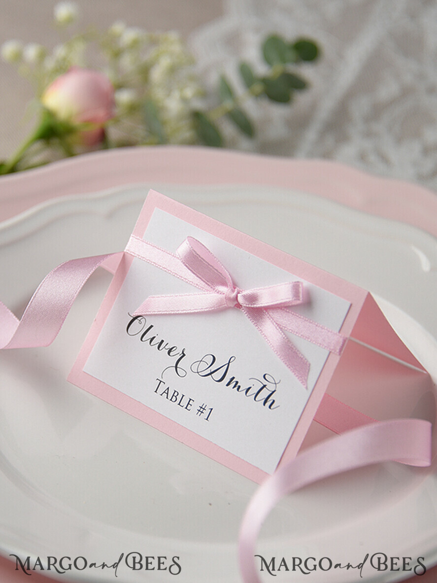 PLACE CARDS / TABLE CARDS rustic and lace Romantic White Minimalist Wedding Table Place Cards with Pink Ribbon, Modern Elegant Botanical Place Card, Glamour Table Cards, Gorgeous Floral Wedding Name Tag