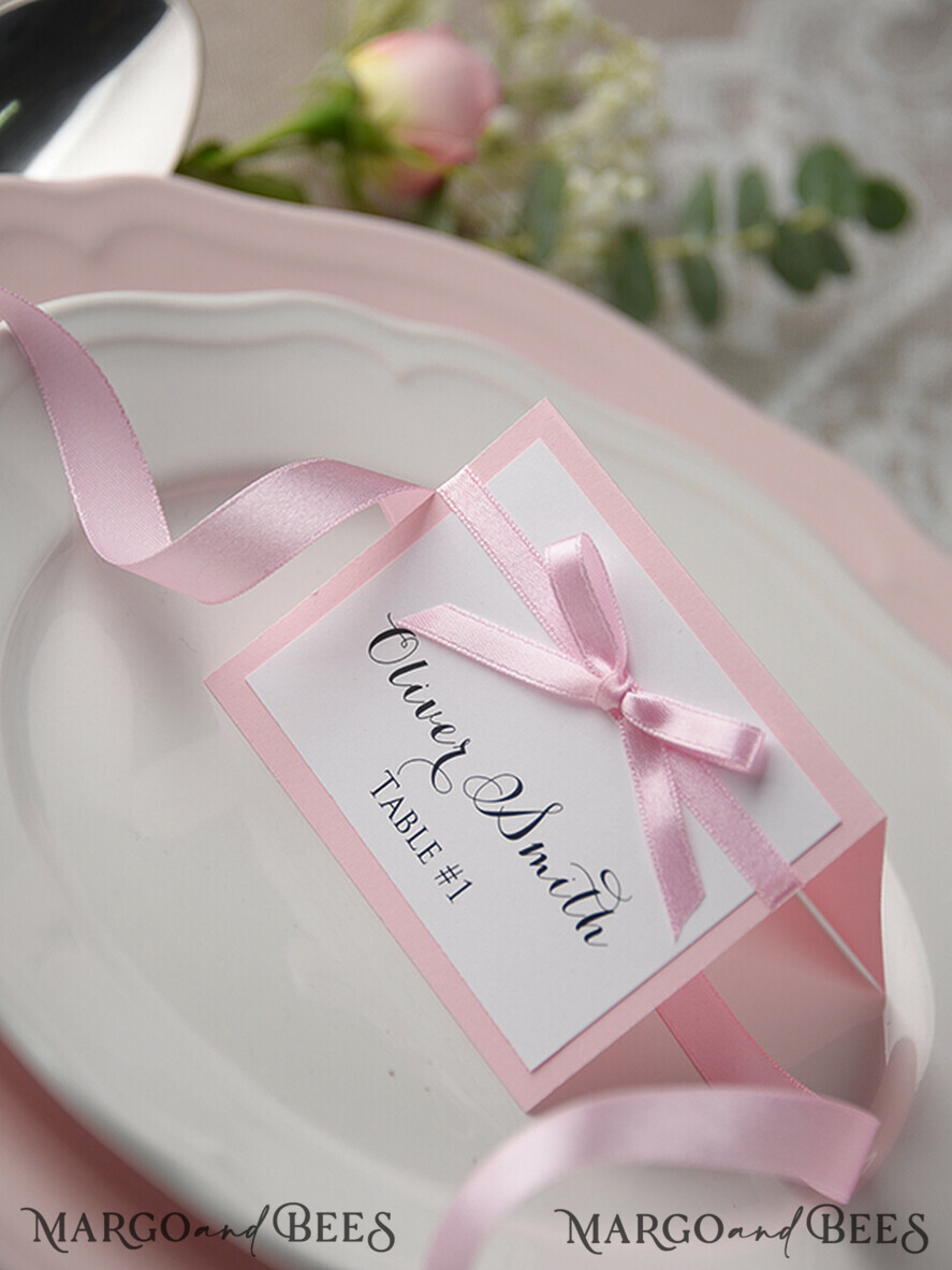 PLACE CARDS / TABLE CARDS rustic and lace Romantic White Minimalist Wedding Table Place Cards with Pink Ribbon, Modern Elegant Botanical Place Card, Glamour Table Cards, Gorgeous Floral Wedding Name Tag