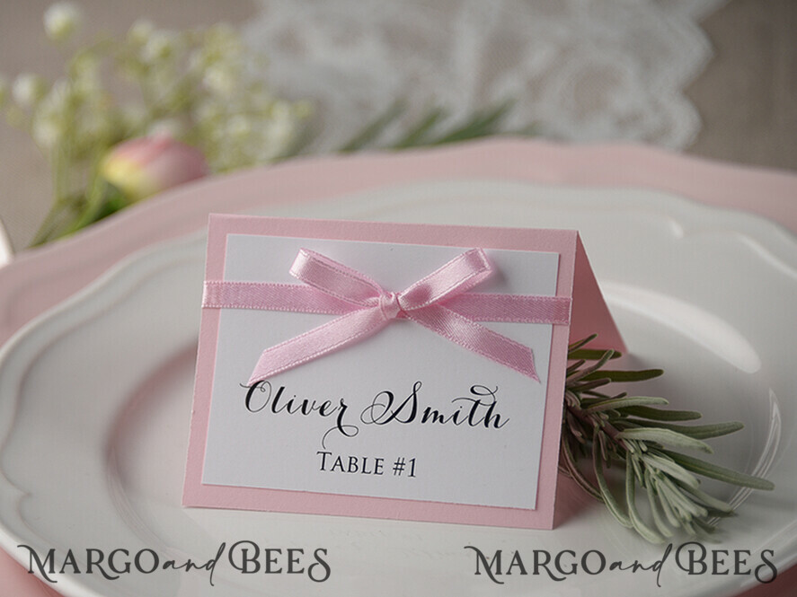 PLACE CARDS / TABLE CARDS rustic and lace Romantic White Minimalist Wedding Table Place Cards with Pink Ribbon, Modern Elegant Botanical Place Card, Glamour Table Cards, Gorgeous Floral Wedding Name Tag
