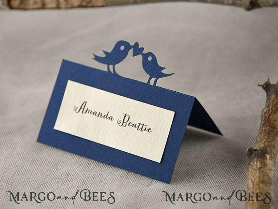 PLACE CARDS / TABLE CARDS rustic and lace Elegant Navy Blue Wedding Place Cards with Birds Decor, Ivory and Dark Blue Wedding Name Tags, Rustic Wedding Stationery, Rustic Wedding Escort Cards,