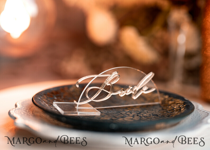 PLACE CARDS / TABLE CARDS Acrylic Gold Clear / Wood 3D Modern Half Arch Acrylic Place Card with Stand, Premium Wedding Seat Cards, Clear Acrylic Name Card, Luxury Seating Card, Gold 3D Guest Names, Editable Text