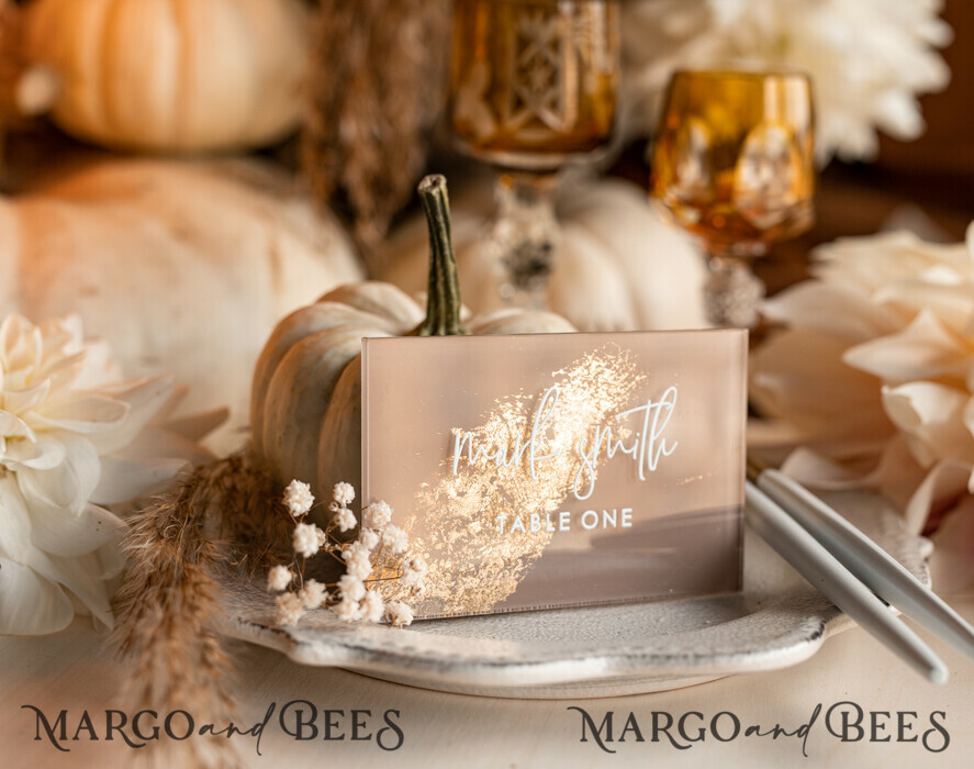 PLACE CARDS / TABLE CARDS Acrylic Gold Clear / Wood 3D Acrylic Beige place cards with stand, Clear Acrylic and gold place cards, Nude Taupe Gold Plexi place cards, Tan Luxury Wedding Table Decor place cards, Earthy Wedding Signage Golden mirror place cards
