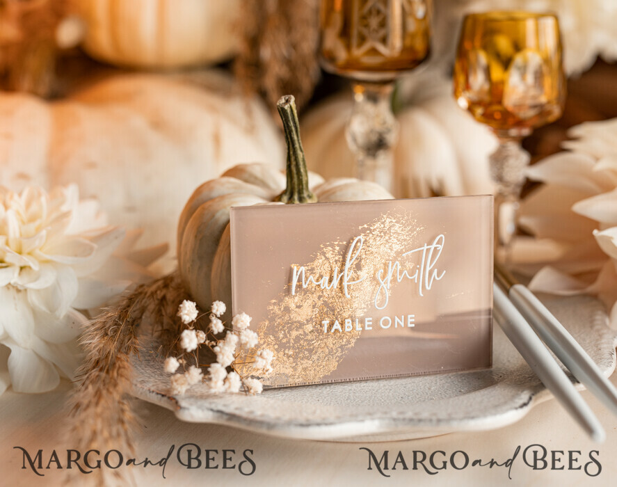 PLACE CARDS / TABLE CARDS Acrylic Gold Clear / Wood 3D Acrylic Beige place cards with stand, Clear Acrylic and gold place cards, Nude Taupe Gold Plexi place cards, Tan Luxury Wedding Table Decor place cards, Earthy Wedding Signage Golden mirror place cards