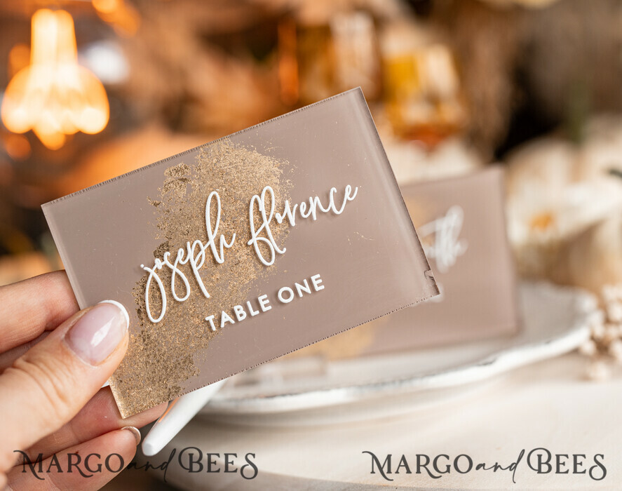 PLACE CARDS / TABLE CARDS Acrylic Gold Clear / Wood 3D Acrylic Beige place cards with stand, Clear Acrylic and gold place cards, Nude Taupe Gold Plexi place cards, Tan Luxury Wedding Table Decor place cards, Earthy Wedding Signage Golden mirror place cards