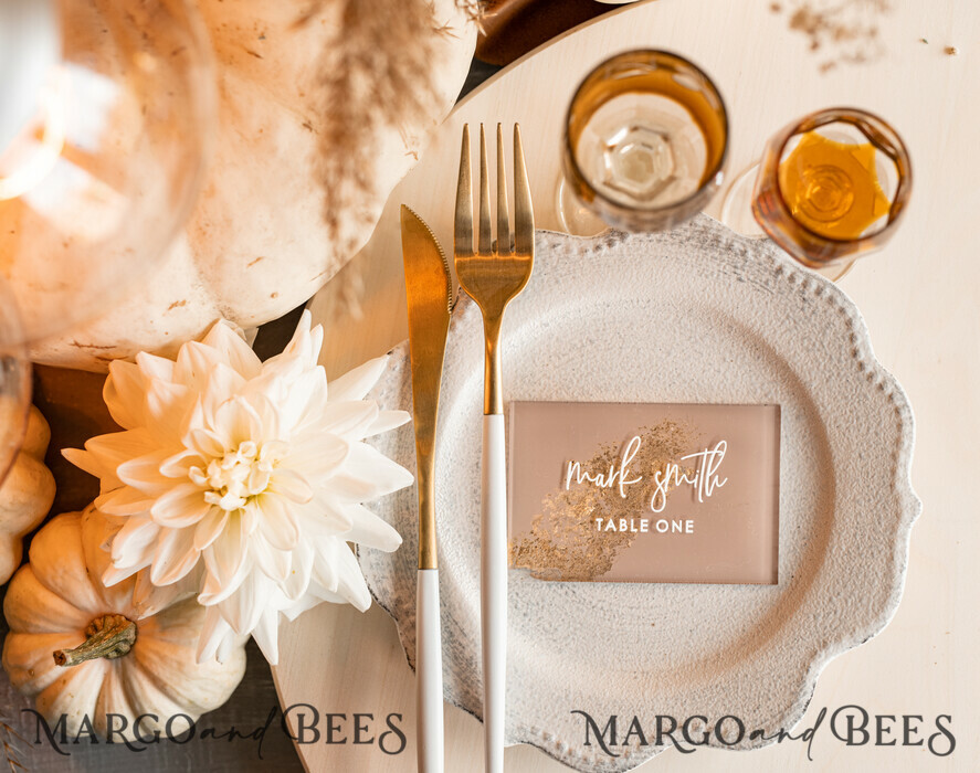 PLACE CARDS / TABLE CARDS Acrylic Gold Clear / Wood 3D Acrylic Beige place cards with stand, Clear Acrylic and gold place cards, Nude Taupe Gold Plexi place cards, Tan Luxury Wedding Table Decor place cards, Earthy Wedding Signage Golden mirror place cards