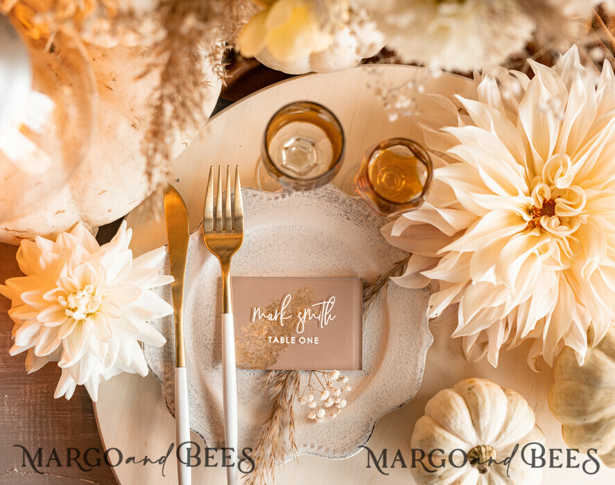 PLACE CARDS / TABLE CARDS Acrylic Gold Clear / Wood 3D Acrylic Beige place cards with stand, Clear Acrylic and gold place cards, Nude Taupe Gold Plexi place cards, Tan Luxury Wedding Table Decor place cards, Earthy Wedding Signage Golden mirror place cards