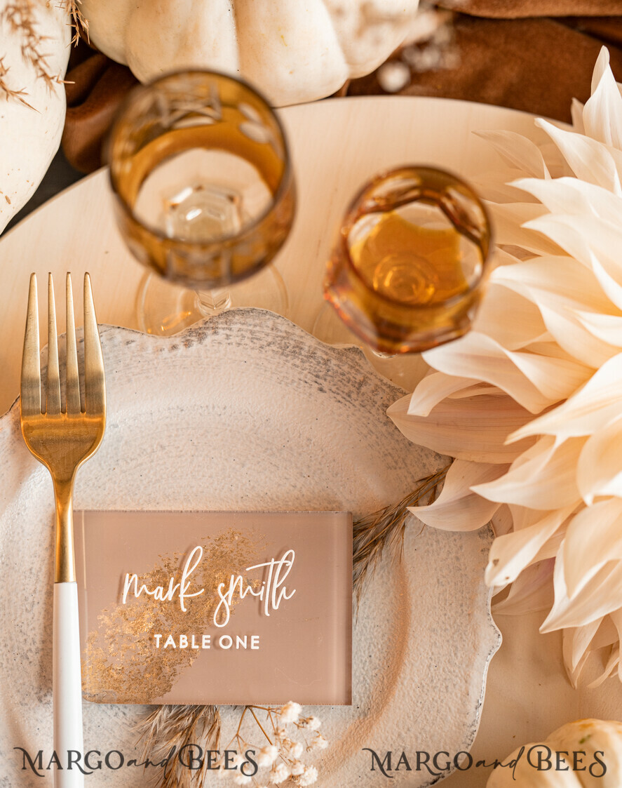 PLACE CARDS / TABLE CARDS Acrylic Gold Clear / Wood 3D Acrylic Beige place cards with stand, Clear Acrylic and gold place cards, Nude Taupe Gold Plexi place cards, Tan Luxury Wedding Table Decor place cards, Earthy Wedding Signage Golden mirror place cards