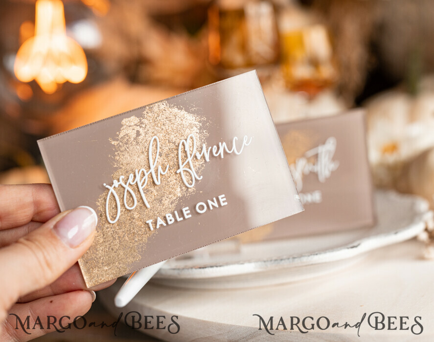 PLACE CARDS / TABLE CARDS Acrylic Gold Clear / Wood 3D Acrylic Beige place cards with stand, Clear Acrylic and gold place cards, Nude Taupe Gold Plexi place cards, Tan Luxury Wedding Table Decor place cards, Earthy Wedding Signage Golden mirror place cards