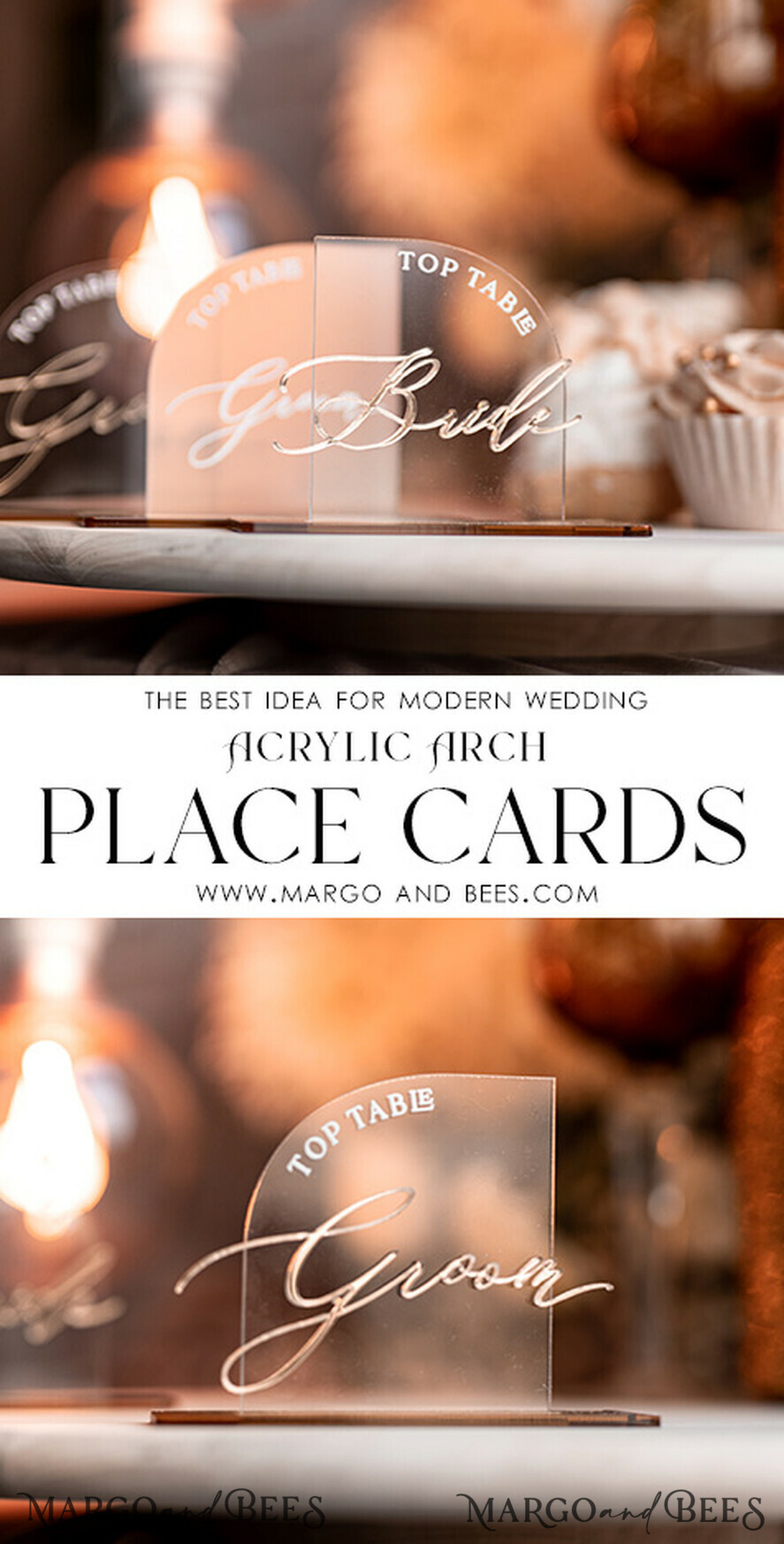 PLACE CARDS / TABLE CARDS Acrylic Gold Clear / Wood 3D Modern half arch Acrylic Place card with stand, Wedding seat Cards, Transparent Acryl Name Card, Luxury seating card with white and gold wording, Editable Text