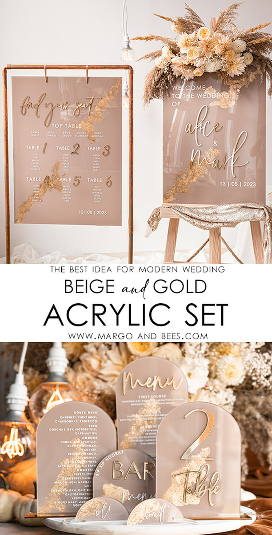 PLATZKARTEN / TISCHKARTEN  
 Acrylgold klar / Holz 3D Acryl Beige Platzkarte mit Ständer, Arch Clear Nude Taupe Namenskarten, Premium Luxus Sitzkarten, Platzkarten für Hochzeitsgäste, Gold Gäste-Eskortkarten