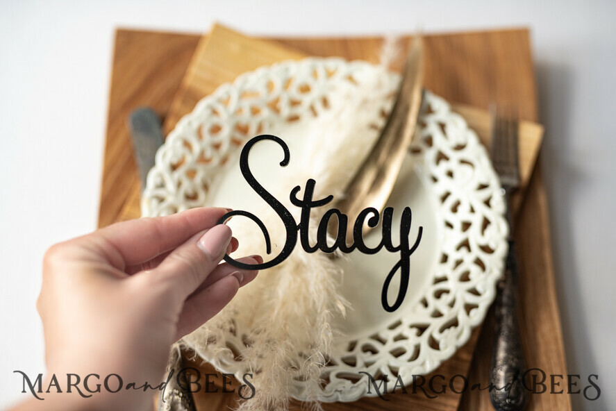 PLACE CARDS / TABLE CARDS Acrylic Gold Clear / Wood 3D Extra Large Name Cards, Custom Elegant Gloss Black Acrylic Place Card, Engraved Name Premium Luxury Seating Card, Simple Black Elegant Names Guest Escort Cards