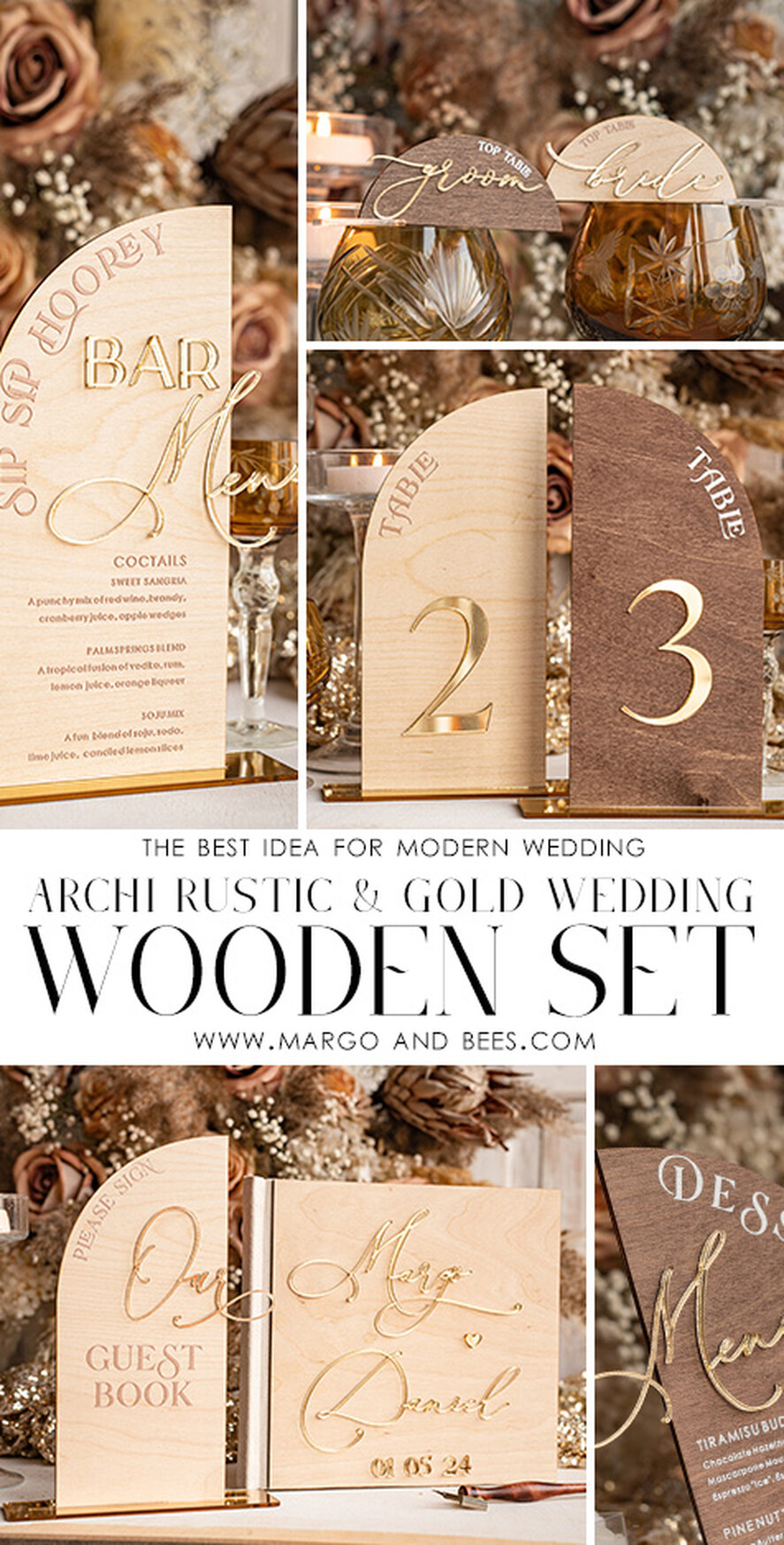 PLACE CARDS / TABLE CARDS Acrylic Gold Clear / Wood 3D Rustic Arch Place Card with Stand, modern wood Name Cards, Premium Arch Golden Seating Cards, Wooden Gold mirror Escort Cards, Boho Natural Place Cards
