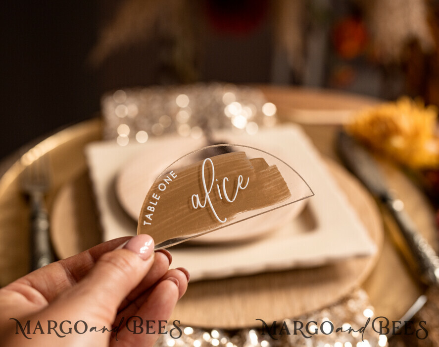 PLACE CARDS / TABLE CARDS Acrylic Gold Clear / Wood 3D Modern Arch Acrylic Gold Place Cards, Wedding Place Cards, Arch Clear Name Card, Premium Luxury Seating Cards, Editable Text Escort Card, White Print Name Cards