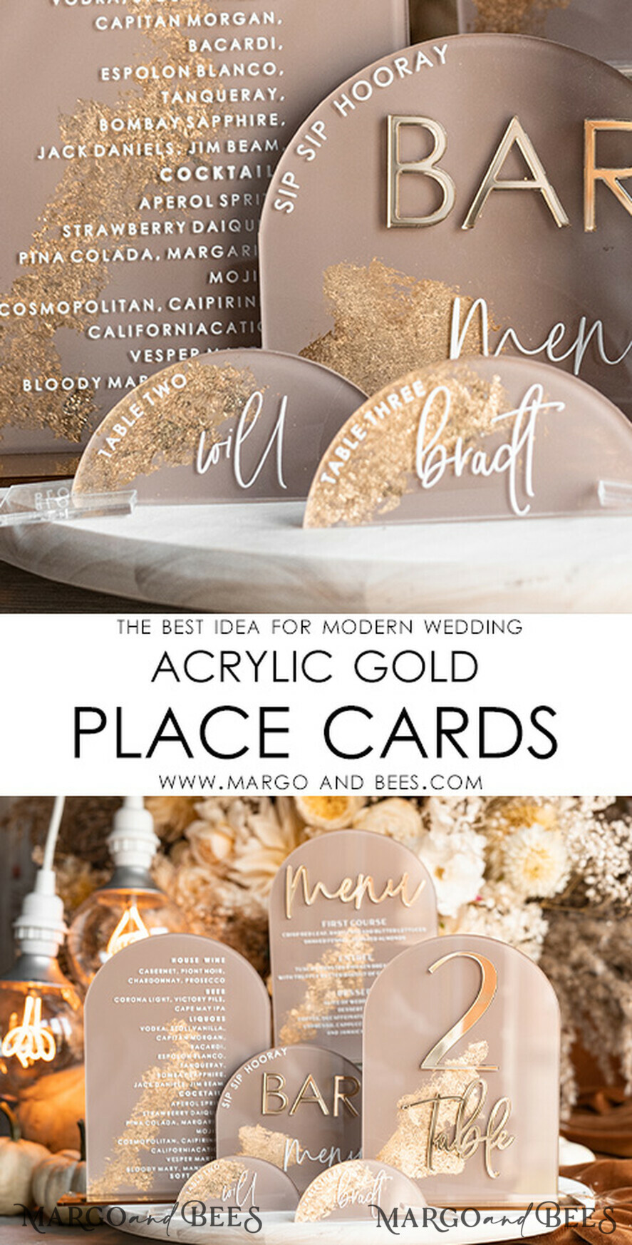 PLACE CARDS / TABLE CARDS Acrylic Gold Clear / Wood 3D Acrylic Arch Beige Place Card with Stand, Clear Acryl and Gold Flat Place Card, Nude Gold Plexi Flat Place Card, Tan Luxury Wedding Table Decor, Earthy Wedding