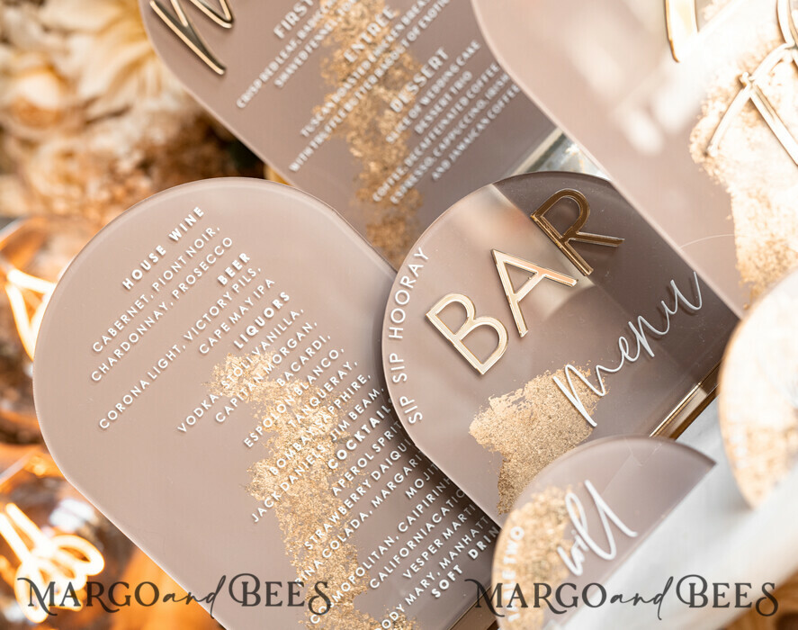 PLACE CARDS / TABLE CARDS Acrylic Gold Clear / Wood 3D Acrylic Arch Beige Place Card with Stand, Clear Acryl and Gold Flat Place Card, Nude Gold Plexi Flat Place Card, Tan Luxury Wedding Table Decor, Earthy Wedding