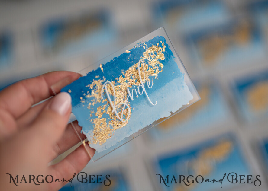 PLACE CARDS / TABLE CARDS Acrylic Gold Clear / Wood 3D Modern Ombre sky blue Acrylic Place card, Wedding Place Cards, Royal Blue Name Card premium, Transparent Acryl Seating Card, Painted Luxury Escort Cards
