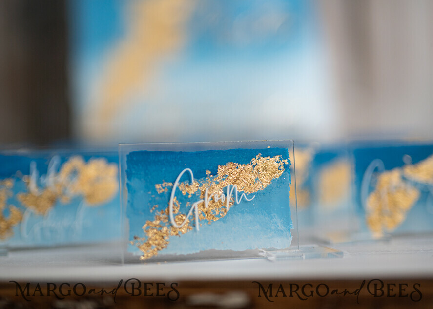 PLACE CARDS / TABLE CARDS Acrylic Gold Clear / Wood 3D Modern Ombre sky blue Acrylic Place card, Wedding Place Cards, Royal Blue Name Card premium, Transparent Acryl Seating Card, Painted Luxury Escort Cards