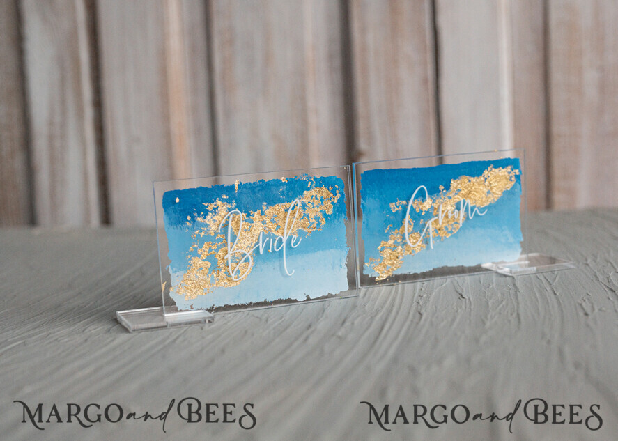 PLACE CARDS / TABLE CARDS Acrylic Gold Clear / Wood 3D Modern Ombre sky blue Acrylic Place card, Wedding Place Cards, Royal Blue Name Card premium, Transparent Acryl Seating Card, Painted Luxury Escort Cards