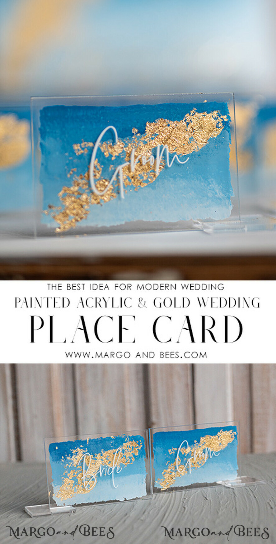 PLACE CARDS / TABLE CARDS Acrylic Gold Clear / Wood 3D Modern Ombre sky blue Acrylic Place card, Wedding Place Cards, Royal Blue Name Card premium, Transparent Acryl Seating Card, Painted Luxury Escort Cards