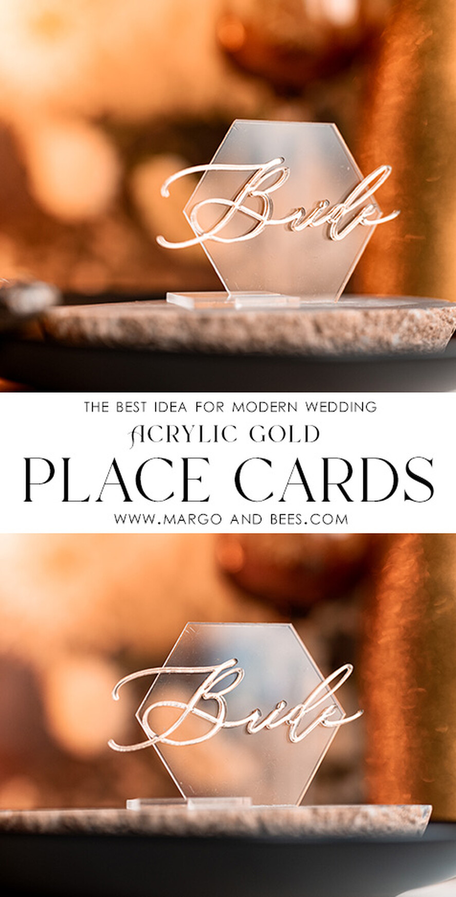 PLACE CARDS / TABLE CARDS Acrylic Gold Clear / Wood 3D Modern Hexagon Acrylic Gold Place card with stand, Wedding hexagon Golden Seat Cards,  Geometric Clear Name Card premium, luxury seating card, Editable Text