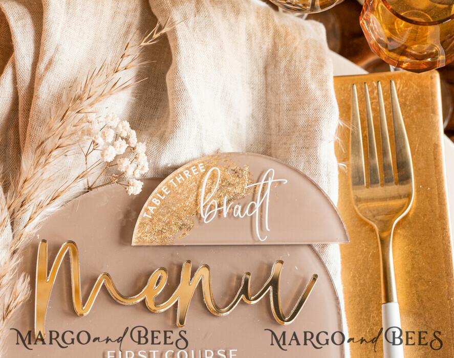 PLACE CARDS / TABLE CARDS Acrylic Gold Clear / Wood 3D Acrylic Arch Beige Flat Place card, Clear Acrylic and gold Flat Place card, Nude Gold Plexi Flat Place card, Tan Luxury Wedding Table Decor, Earthy Wedding Sign