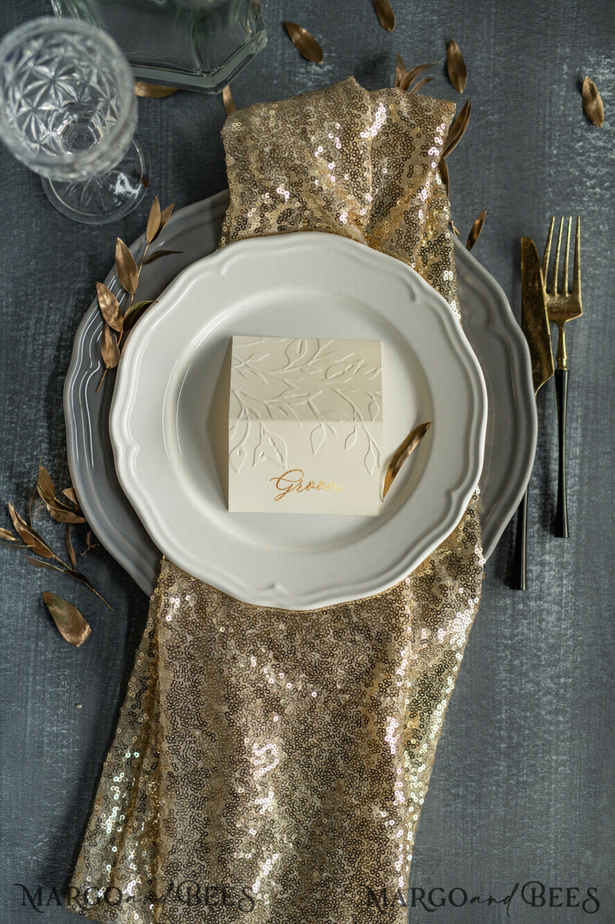 PLACE CARDS / TABLE CARDS Luxury Premium Glitter/ Gold/ Silver/ Rose Gold Elegant Embossed Ivory Wedding Place Card with Gold Printout, Delicate Name Tags, Romantic Ivory Wedding Stationery, Luxury Real Gold Foil Wedding Place Cards