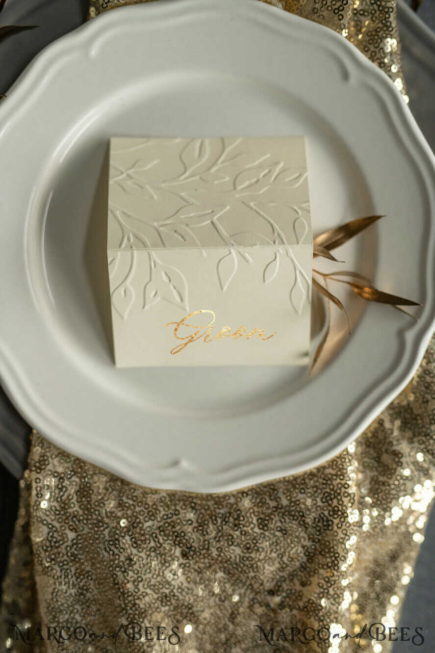PLACE CARDS / TABLE CARDS Luxury Premium Glitter/ Gold/ Silver/ Rose Gold Elegant Embossed Ivory Wedding Place Card with Gold Printout, Delicate Name Tags, Romantic Ivory Wedding Stationery, Luxury Real Gold Foil Wedding Place Cards