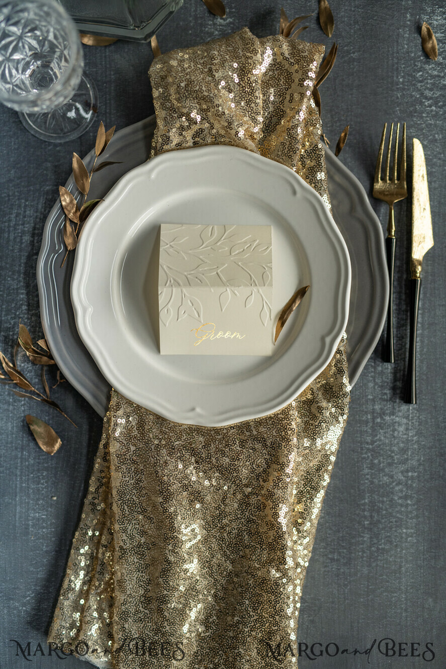 PLACE CARDS / TABLE CARDS Luxury Premium Glitter/ Gold/ Silver/ Rose Gold Elegant Embossed Ivory Wedding Place Card with Gold Printout, Delicate Name Tags, Romantic Ivory Wedding Stationery, Luxury Real Gold Foil Wedding Place Cards