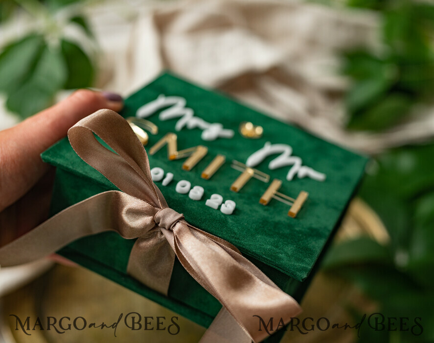 RINGTRÄGERBOXEN & KISSEN Samtkästchen für den Trauungszeremonie Grüne goldene Samt-Ringbox für die Zeremonie, Ringbox für die Hochzeitszeremonie mit 3 Ringen aus Samt, Boho Glam Hochzeitsringboxen für ihn und sie, luxuriöse Samt-Ringbox doppelt in benutzerdefinierten Farben.
