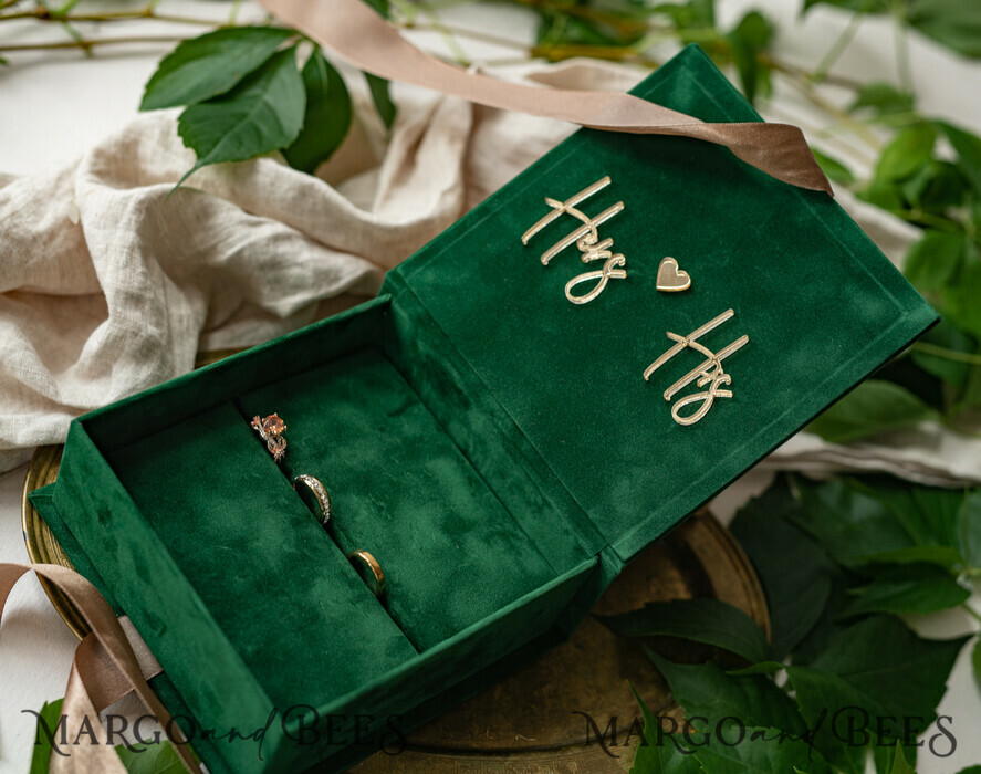 RINGTRÄGERBOXEN & KISSEN Samtkästchen für den Trauungszeremonie Grüne goldene Samt-Ringbox für die Zeremonie, Ringbox für die Hochzeitszeremonie mit 3 Ringen aus Samt, Boho Glam Hochzeitsringboxen für ihn und sie, luxuriöse Samt-Ringbox doppelt in benutzerdefinierten Farben.