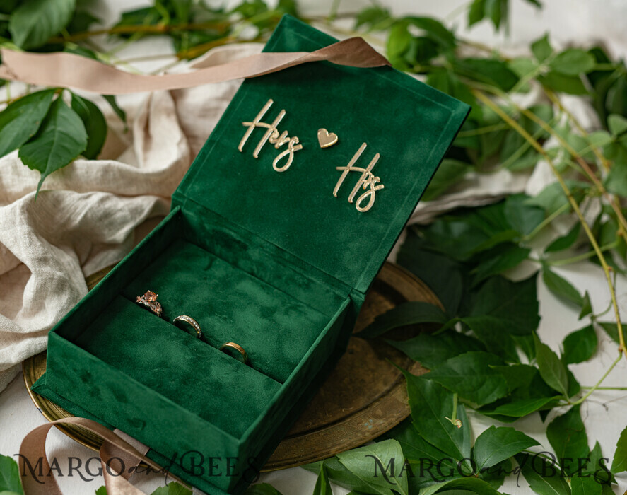 RINGTRÄGERBOXEN & KISSEN Samtkästchen für den Trauungszeremonie Grüne goldene Samt-Ringbox für die Zeremonie, Ringbox für die Hochzeitszeremonie mit 3 Ringen aus Samt, Boho Glam Hochzeitsringboxen für ihn und sie, luxuriöse Samt-Ringbox doppelt in benutzerdefinierten Farben.