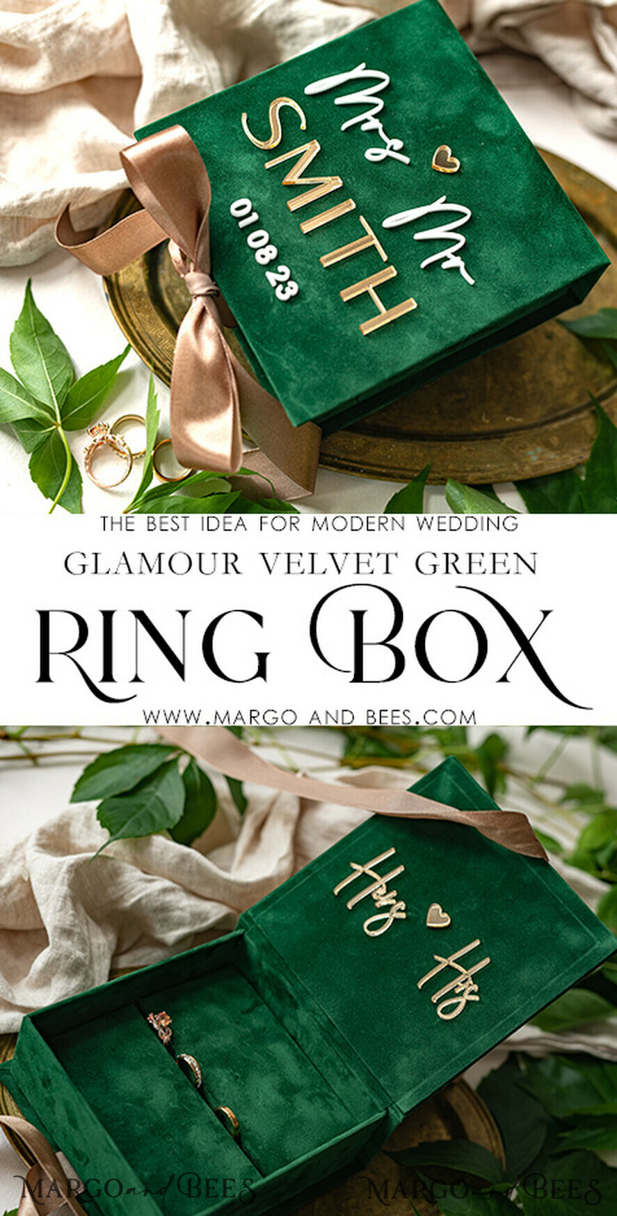 RINGTRÄGERBOXEN & KISSEN Samtkästchen für den Trauungszeremonie Grüne goldene Samt-Ringbox für die Zeremonie, Ringbox für die Hochzeitszeremonie mit 3 Ringen aus Samt, Boho Glam Hochzeitsringboxen für ihn und sie, luxuriöse Samt-Ringbox doppelt in benutzerdefinierten Farben.