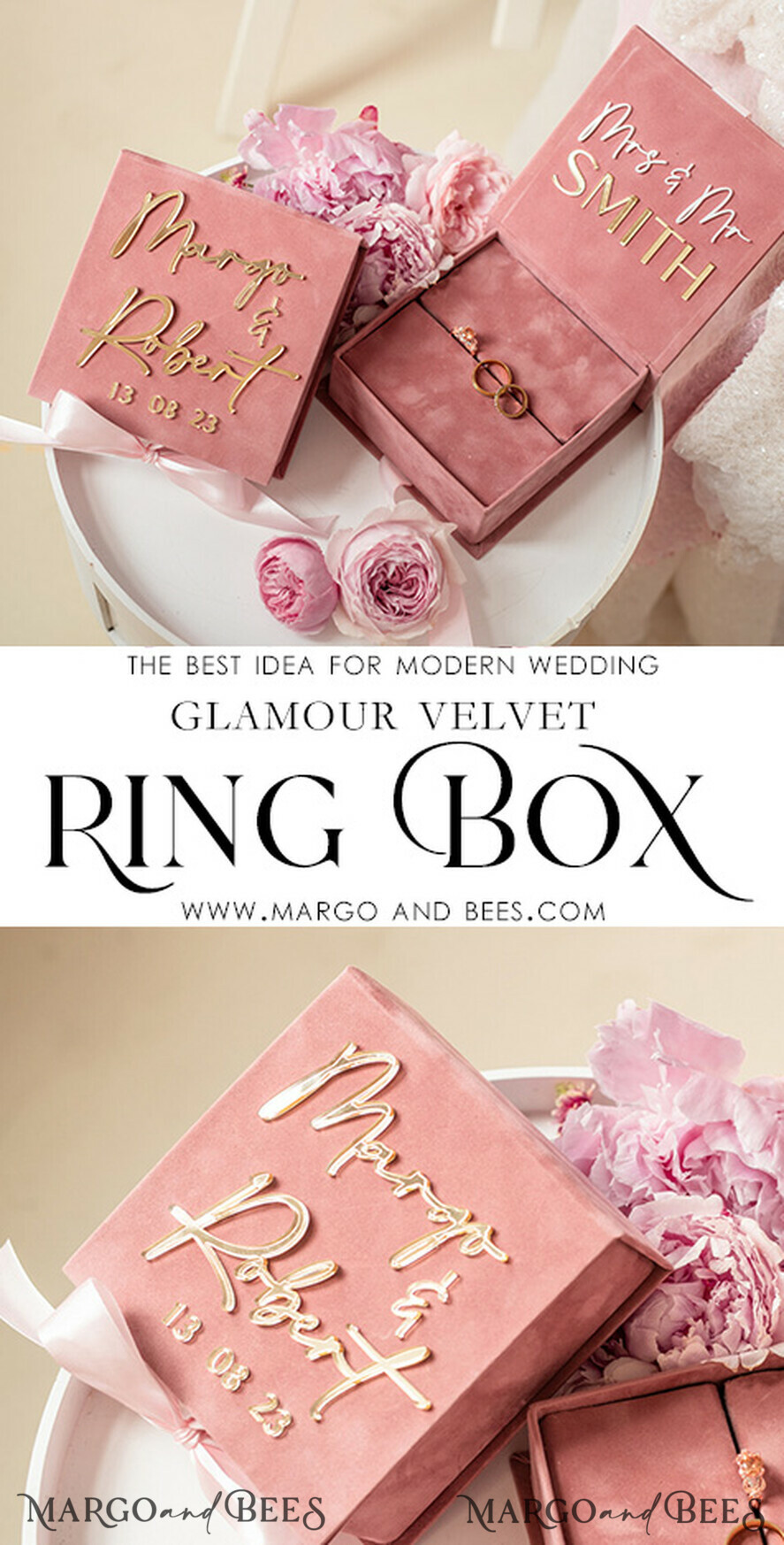 RINGTRÄGERBOXEN & KISSEN Samtkästchen für den Trauungszeremonie Rosa Goldenes Samt Hochzeitsringbox für die Zeremonie, Ringbox für die Hochzeitszeremonie 3 Ringe Samt, Boho Glam Hochzeitsringboxen für ihn und sie, Luxuriöse Samt Ringbox doppelte individuelle Farben