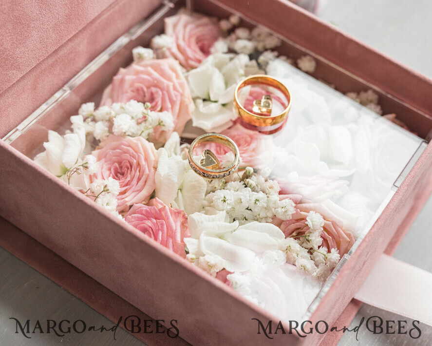RINGTRÄGERBOXEN & KISSEN Samtkästchen für den Trauungszeremonie Luxuriöse Samt-Acryl-Eheringe-Box, Glamour Blush Pink und Gold Eheringe-Box, Elegante Eheringe-Box aus Samt in Blush Pink, Handgefertigte Eheringe-Box.