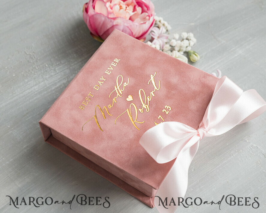 RINGTRÄGERBOXEN & KISSEN Samtkästchen für den Trauungszeremonie Luxuriöse Samt-Acryl-Eheringe-Box, Glamour Blush Pink und Gold Eheringe-Box, Elegante Eheringe-Box aus Samt in Blush Pink, Handgefertigte Eheringe-Box.