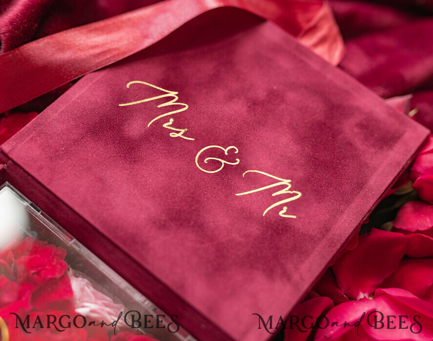 RINGTRÄGERBOXEN & KISSEN Samtkästchen für den Trauungszeremonie Luxus Samt Acryl Trauring Box, Glamour Maroon und gold Trauring Box, Elegante Trauring Box Samt Burgunder Pink, Handgemachte Trauring Box
