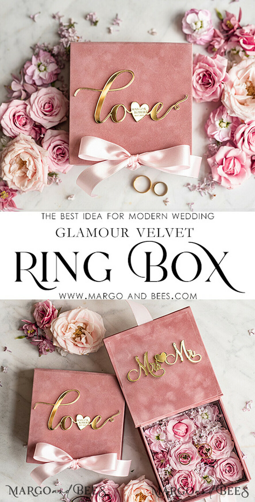RINGTRÄGERBOXEN & KISSEN Samtkästchen für den Trauungszeremonie Ringbox für die Hochzeitszeremonie 3 Ringe, Blush Pink Goldene Samt-Hochzeitsringbox für die Zeremonie, Glamour Hochzeitsringboxen für ihn und sie, Luxus Samt-Ringbox doppelt, individuelle Farben.