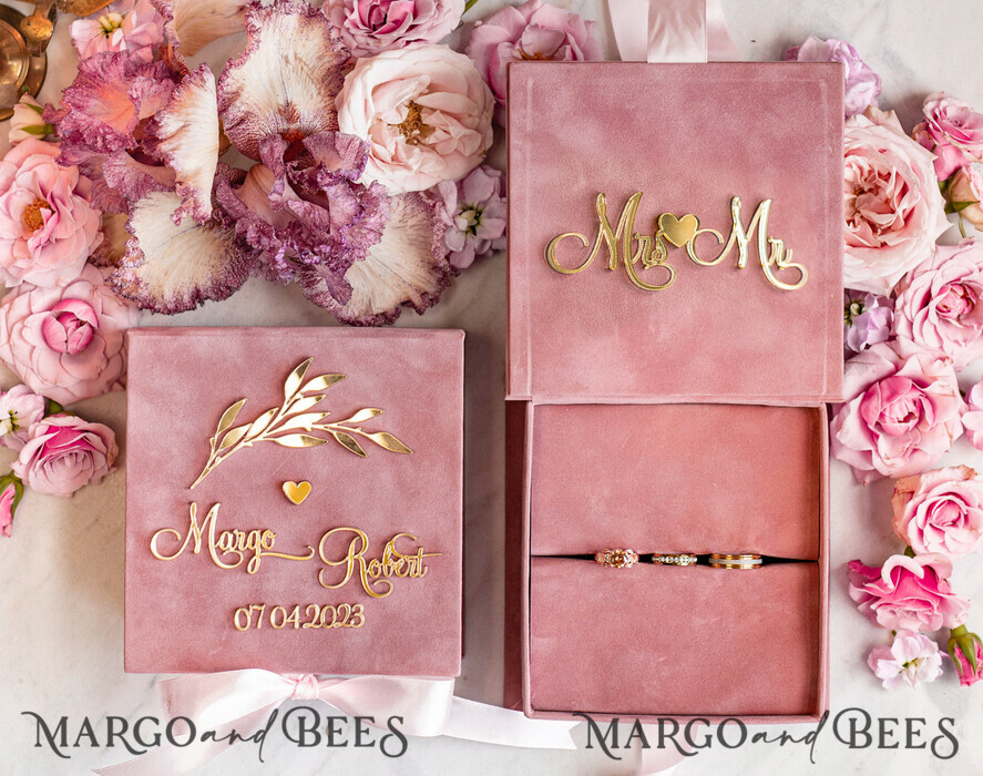 RINGTRÄGERBOXEN & KISSEN Samtkästchen für den Trauungszeremonie Blush Pink Goldene Samt-Ringbox für die Zeremonie, Ringbox für die Hochzeitszeremonie 3 Ringe Samt, Boho Glam Hochzeitsringboxen für ihn und sie, Luxuriöse Samt-Ringbox doppelt, Individuelle Farben