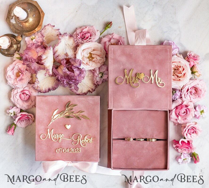 RINGTRÄGERBOXEN & KISSEN Samtkästchen für den Trauungszeremonie Blush Pink Goldene Samt-Ringbox für die Zeremonie, Ringbox für die Hochzeitszeremonie 3 Ringe Samt, Boho Glam Hochzeitsringboxen für ihn und sie, Luxuriöse Samt-Ringbox doppelt, Individuelle Farben