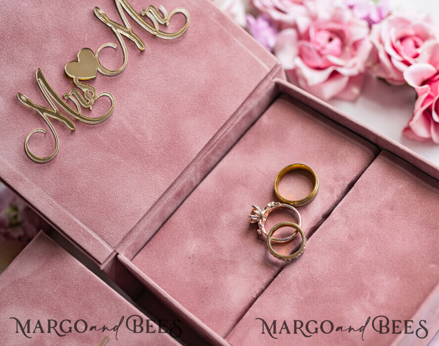 RINGTRÄGERBOXEN & KISSEN Samtkästchen für den Trauungszeremonie Blush Pink Goldene Samt-Ringbox für die Zeremonie, Ringbox für die Hochzeitszeremonie 3 Ringe Samt, Boho Glam Hochzeitsringboxen für ihn und sie, Luxuriöse Samt-Ringbox doppelt, Individuelle Farben