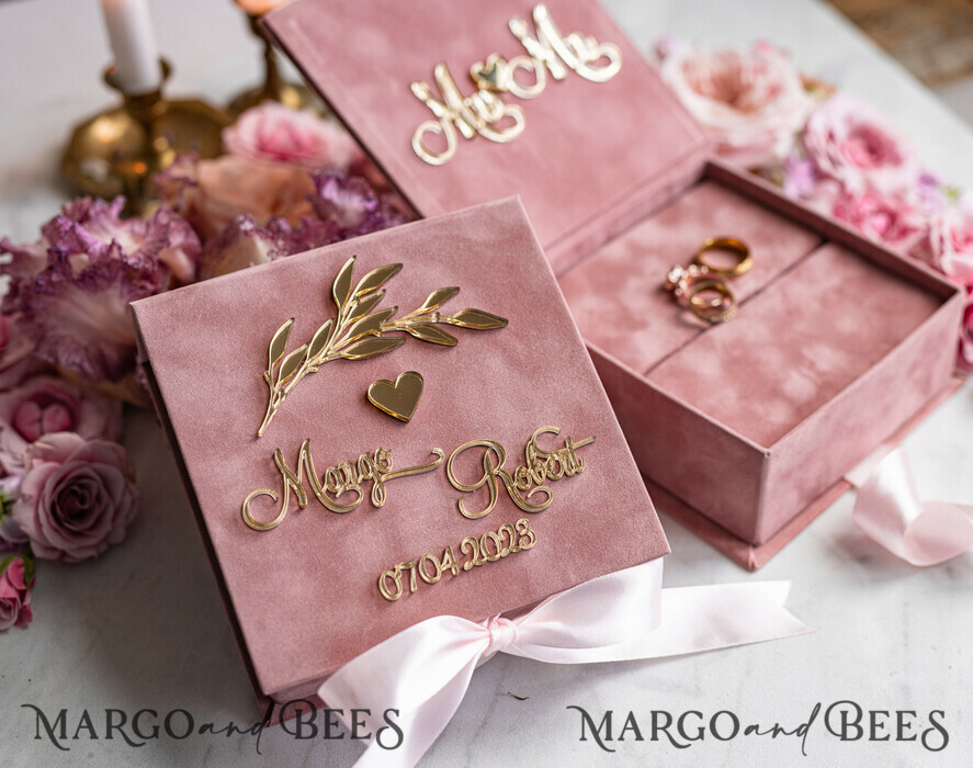 RINGTRÄGERBOXEN & KISSEN Samtkästchen für den Trauungszeremonie Blush Pink Goldene Samt-Ringbox für die Zeremonie, Ringbox für die Hochzeitszeremonie 3 Ringe Samt, Boho Glam Hochzeitsringboxen für ihn und sie, Luxuriöse Samt-Ringbox doppelt, Individuelle Farben