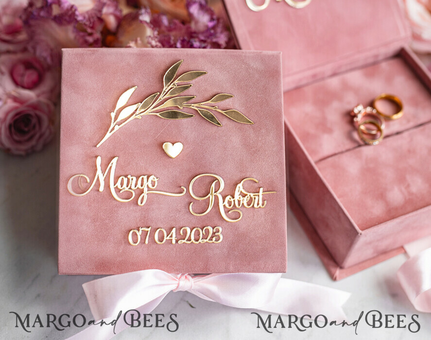 RINGTRÄGERBOXEN & KISSEN Samtkästchen für den Trauungszeremonie Blush Pink Goldene Samt-Ringbox für die Zeremonie, Ringbox für die Hochzeitszeremonie 3 Ringe Samt, Boho Glam Hochzeitsringboxen für ihn und sie, Luxuriöse Samt-Ringbox doppelt, Individuelle Farben