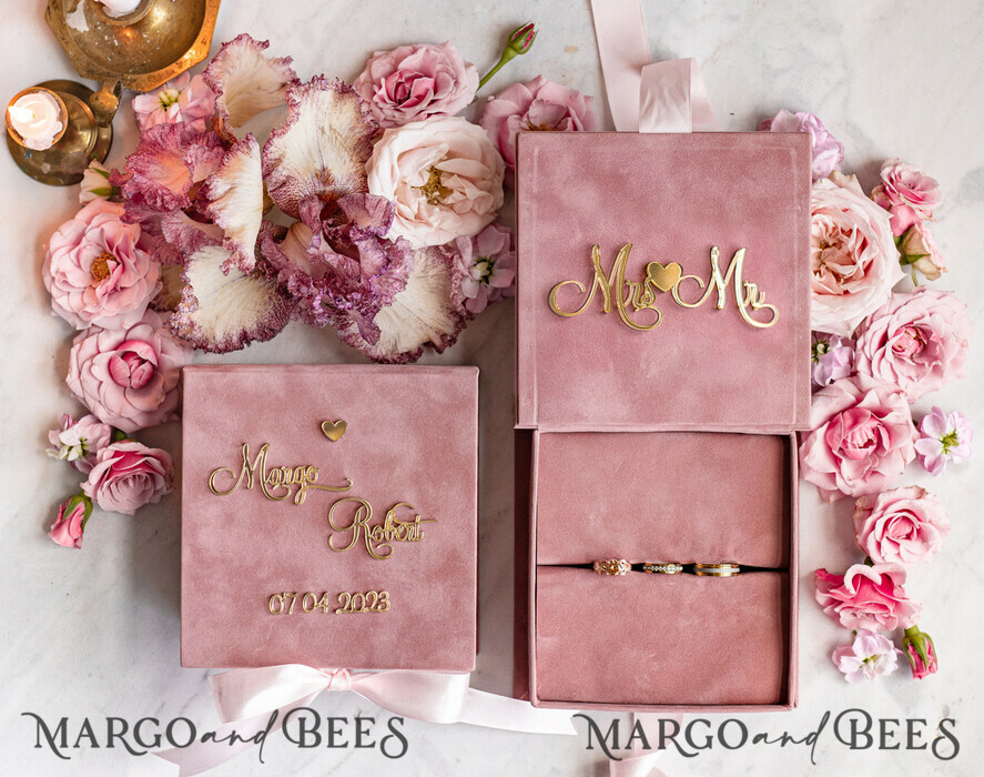 RINGTRÄGERBOXEN & KISSEN Samtkästchen für den Trauungszeremonie Ringbox für die Hochzeitszeremonie 3 Ringe, Blush Pink Goldener Samt Hochzeitsringbox für die Zeremonie, Glamour Hochzeitsringboxen für ihn und sie, Luxus Samt Ringbox doppelt, benutzerdefinierte Farben.