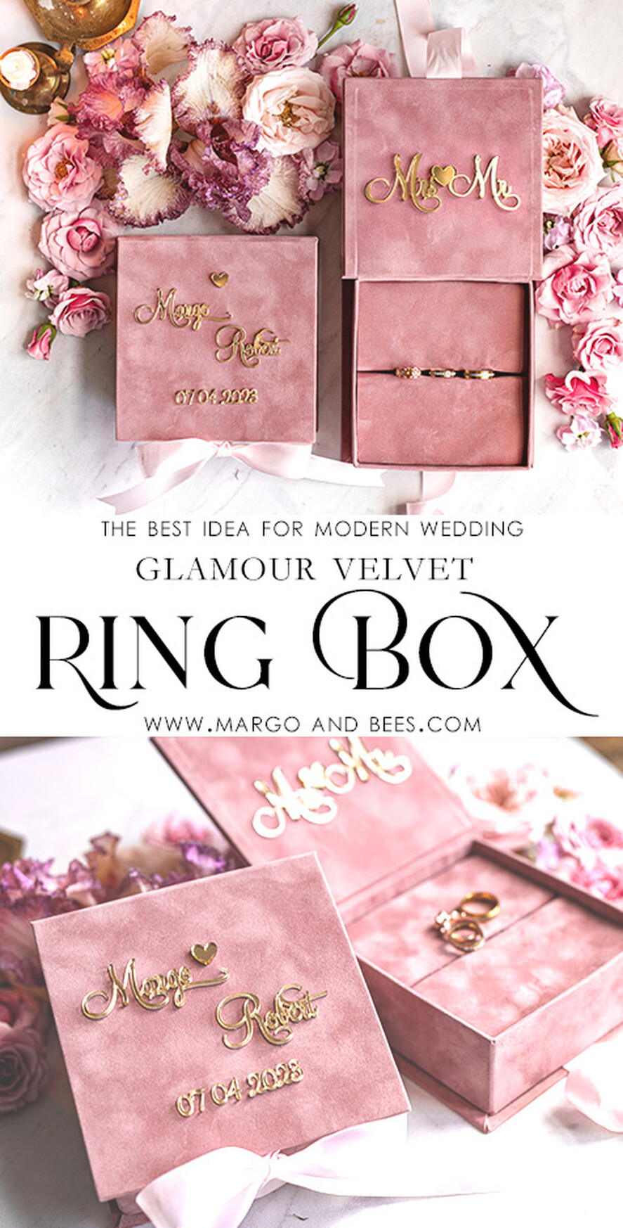 RINGTRÄGERBOXEN & KISSEN Samtkästchen für den Trauungszeremonie Ringbox für die Hochzeitszeremonie 3 Ringe, Blush Pink Goldener Samt Hochzeitsringbox für die Zeremonie, Glamour Hochzeitsringboxen für ihn und sie, Luxus Samt Ringbox doppelt, benutzerdefinierte Farben.