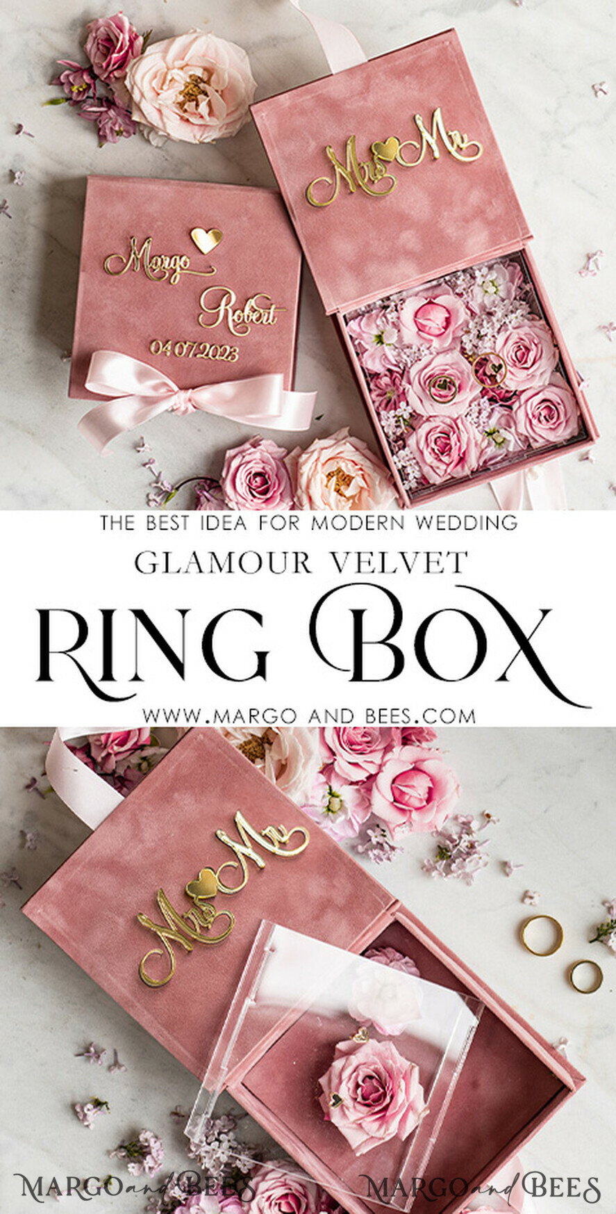 Ring Box for Wedding Ceremony 3 rings, Blush Pink Golden velvet Wedding ...