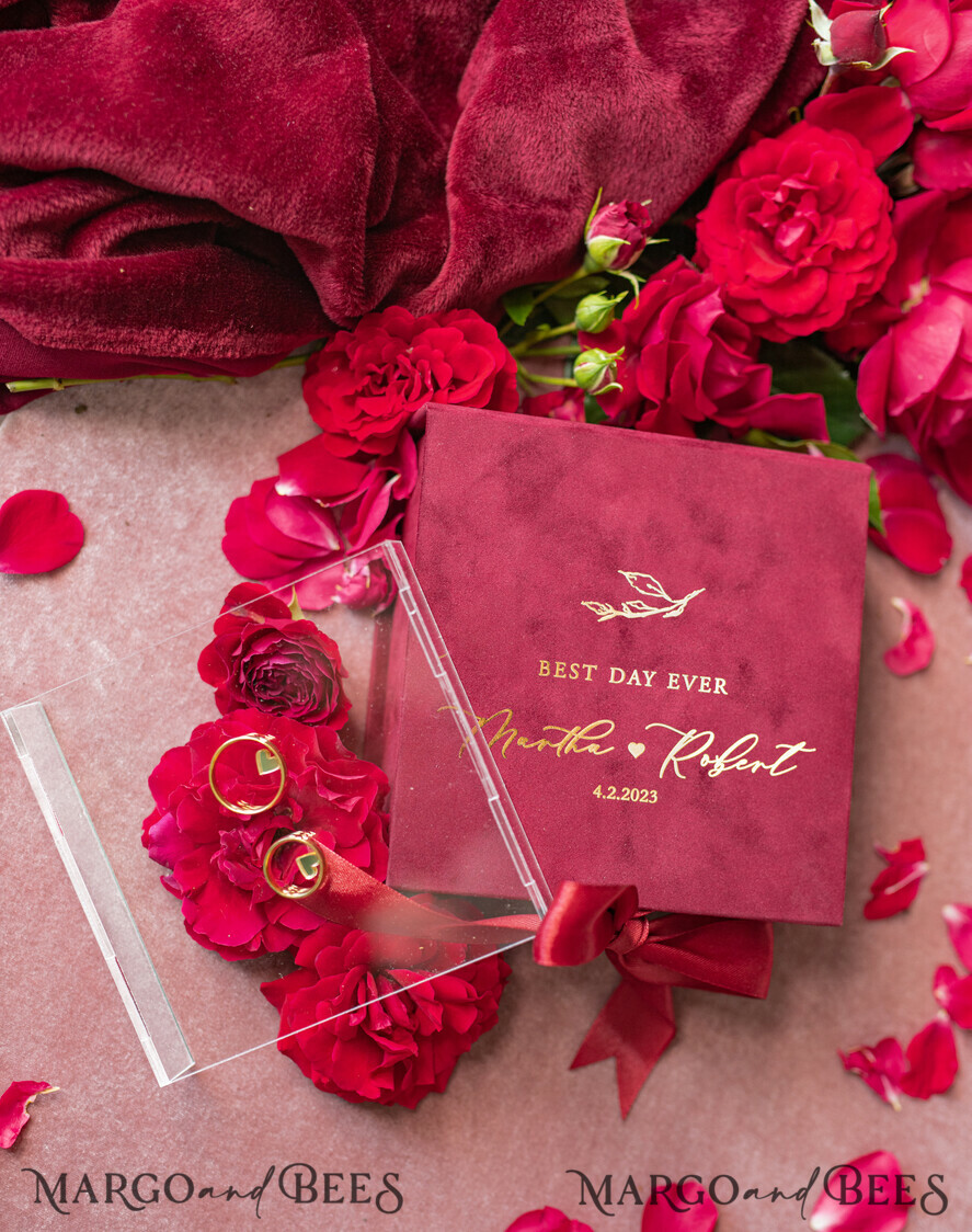 RING BEARER BOXES & PILLOWS Velvet ring box for wedding ceremony Marsala Gold Velvet acrylic Wedding rings Box, Glamour Maroon and gold Wedding rings Box, Elegant Wedding Box velvet Burgundy Pink, Handmade Wedding rings Box