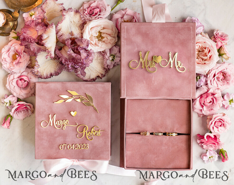 RINGTRÄGERBOXEN & KISSEN Samtkästchen für den Trauungszeremonie Blush Pink Goldene Samt Hochzeitsringbox für die Zeremonie, Ringbox für die Hochzeitszeremonie 3 Ringe Samt, Boho Glam Hochzeitsringboxen für ihn und sie, Luxuriöse Samt Ringbox doppelt maßgeschneiderte Farben